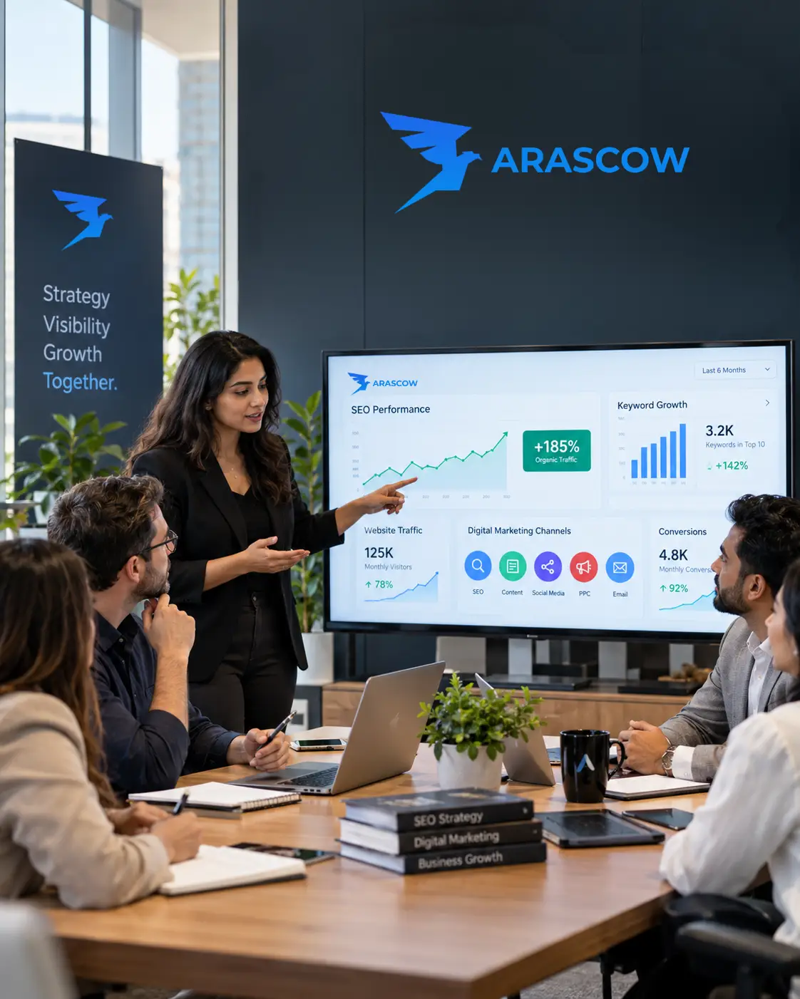 Arascow marketing team reviewing campaign results